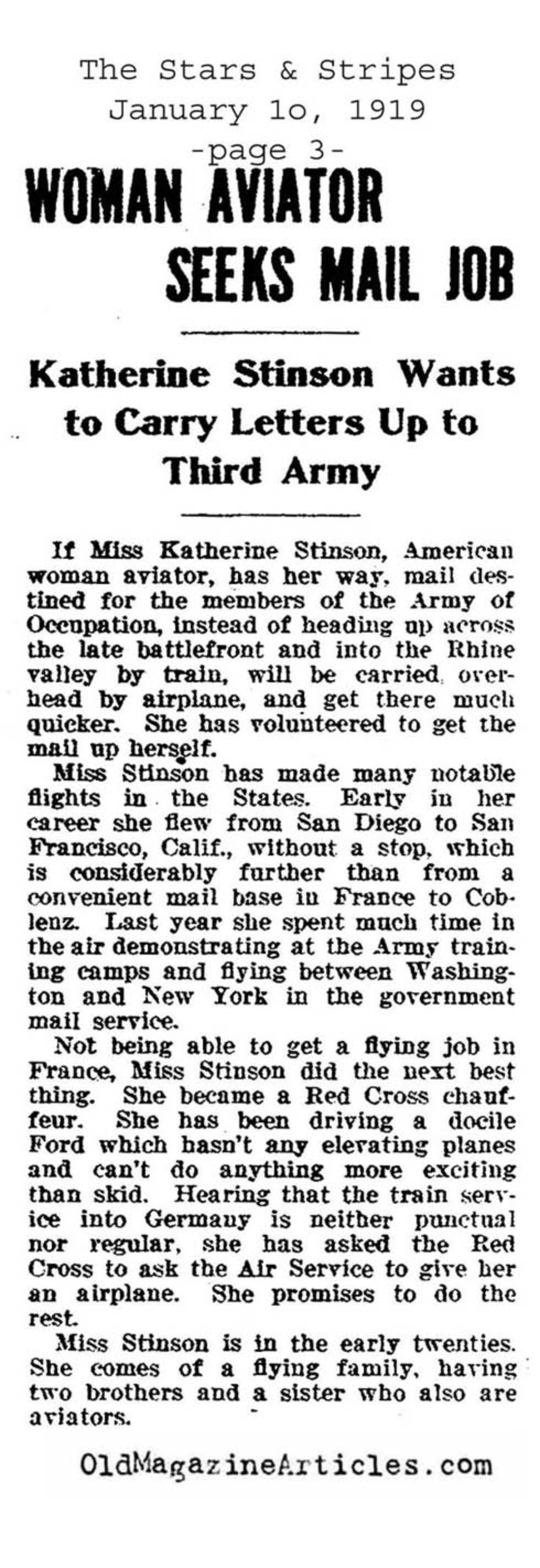 Woman Aviator Seeks Mail Job (The Stars and Stripes, 1919)